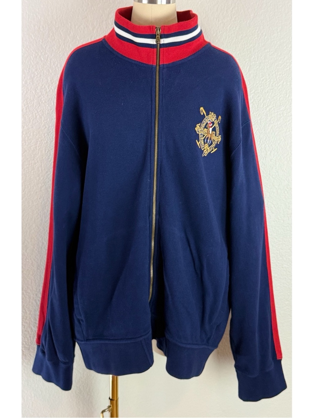 Polo Ralph Lauren Vintage Men's Bomber Sweater Jacket w/ Gold Crest Blue/Red, XL